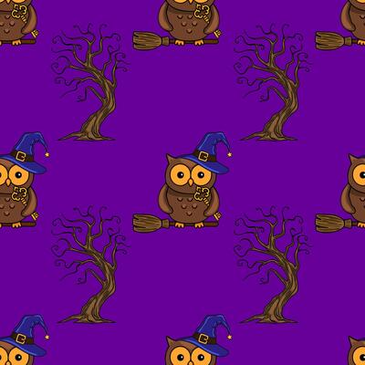 Seamless Halloween pattern with cute owls in witch hats riding broomsticks near spooky bare trees on a purple background.