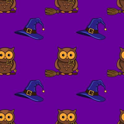 Seamless Halloween pattern with cute brown owls holding keys, riding broomsticks, and blue witch hats on a vibrant purple background, perfect for festive designs and spooky celebrations.