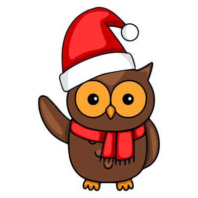 Festive illustration of a cute cartoon owl wearing a Santa hat and red scarf, waving hello.