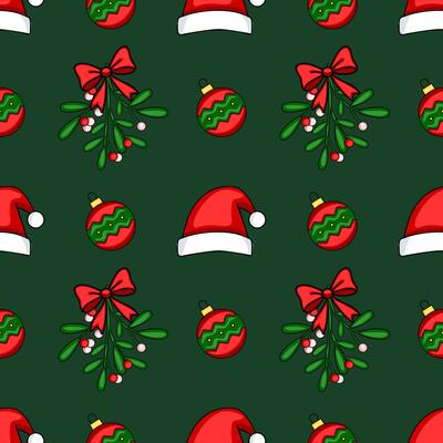 Seamless Christmas pattern with Santa hats, mistletoe, and red and green baubles on a dark green background, perfect for festive designs.