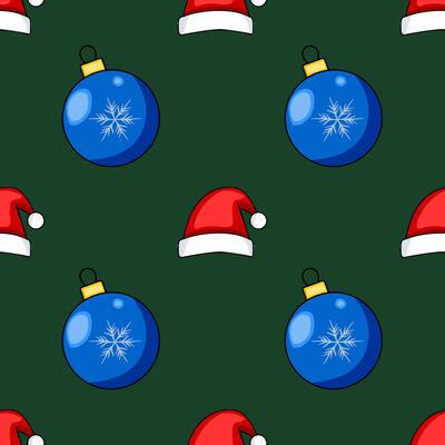 Seamless pattern featuring cheerful blue Christmas baubles with snowflakes and Santa hats on a dark green background, ideal for festive designs.