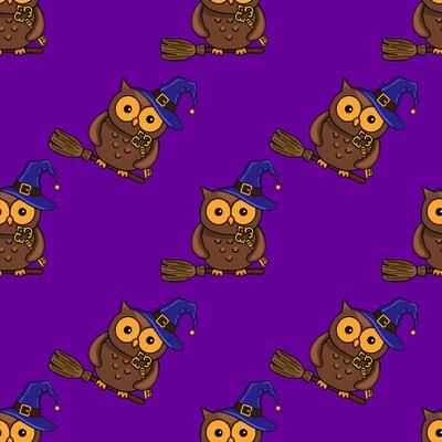 Seamless pattern of cute cartoon owls in witch hats flying on broomsticks, holding golden keys, set against a vibrant purple background, perfect for Halloween designs.