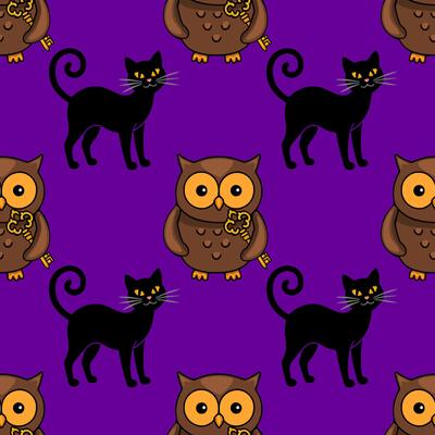 Seamless Halloween pattern with cute brown owls holding golden keys and black cats with curled tails on a purple background, perfect for festive designs and spooky decorations.