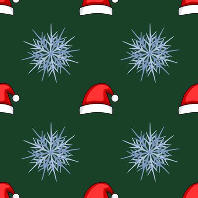 Seamless pattern featuring stylized Santa hats and snowflakes on a deep green background, ideal for festive winter designs.