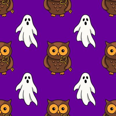Seamless Halloween pattern featuring cute brown owls holding golden keys and friendly white ghosts on a vibrant purple background, ideal for festive designs.