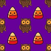 Seamless Halloween pattern featuring adorable cartoon owls holding golden keys and cheerful candy corn on a vibrant purple background. vector