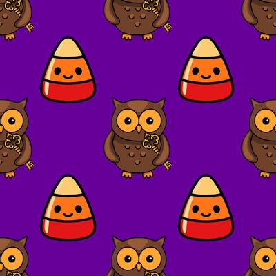 Seamless Halloween pattern featuring adorable cartoon owls holding golden keys and cheerful candy corn on a vibrant purple background.