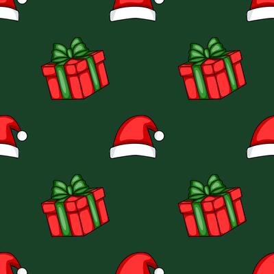 Seamless pattern featuring cheerful Christmas gifts with green ribbons and Santa hats on a dark green background, perfect for festive designs.
