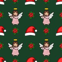 Seamless Christmas pattern featuring adorable angels playing flutes, festive poinsettias, and Santa hats on a deep green background, perfect for holiday designs. vector