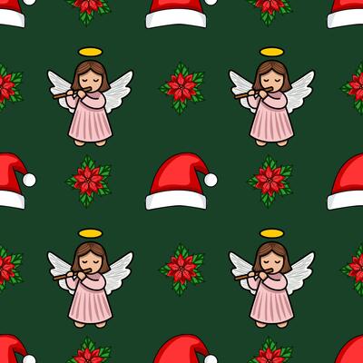Seamless Christmas pattern featuring adorable angels playing flutes, festive poinsettias, and Santa hats on a deep green background, perfect for holiday designs.
