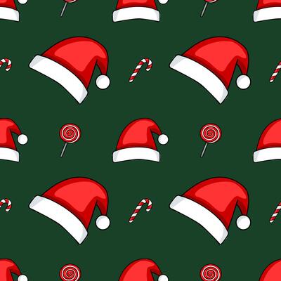 Seamless pattern of red Santa hats, candy canes, and lollipops on a dark green background, perfect for festive Christmas designs.