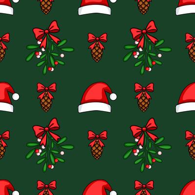 Seamless Christmas pattern featuring Santa hats, pine cones with red bows, and mistletoe sprigs on a dark green background, creating a festive and joyful winter design.