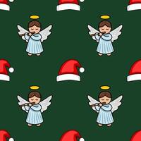Seamless pattern featuring charming angels playing flutes and Santa hats on a deep green background, creating a festive and whimsical Christmas design. vector