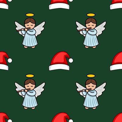Seamless pattern featuring charming angels playing flutes and Santa hats on a deep green background, creating a festive and whimsical Christmas design.