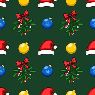 Seamless Christmas pattern with Santa hats, mistletoe, and baubles in vibrant red, yellow, and blue on a dark green background, ideal for festive designs and winter holidays.