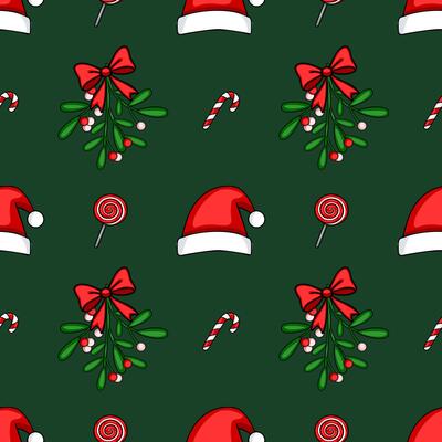 Seamless Christmas pattern with mistletoe, Santa hats, and candy canes on a dark green background, featuring a playful cartoon style.