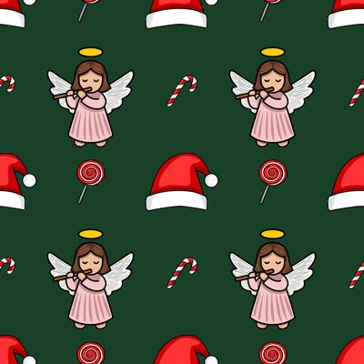 Seamless Christmas pattern with cute angels playing flutes, Santa hats, candy canes, and lollipops on a dark green background.