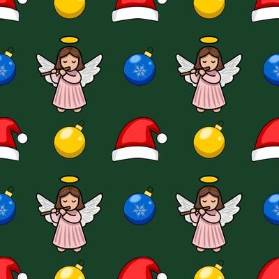 Seamless Christmas pattern featuring adorable angels playing flutes, interspersed with festive baubles and Santa hats on a deep green background.