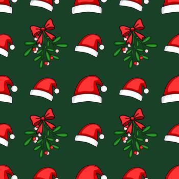 Seamless pattern featuring whimsical Santa hats and mistletoe sprigs with bows, set against a deep green background, creating a festive and playful Christmas design. vector