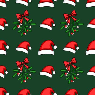 Seamless pattern featuring whimsical Santa hats and mistletoe sprigs with bows, set against a deep green background, creating a festive and playful Christmas design.