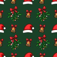 Seamless Christmas pattern with handdrawn illustrations of Santa hats, mistletoe sprigs, and golden bells adorned with red bows, set against a deep green background. vector