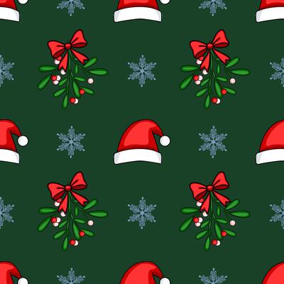 Seamless Christmas pattern featuring Santa hats, mistletoe sprigs with red bows, and delicate snowflakes on a deep green background, ideal for festive designs.