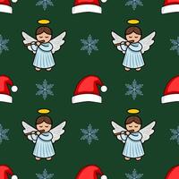 Seamless Christmas pattern featuring adorable angels playing flutes, interspersed with Santa hats and snowflakes on a deep green background, creating a charming and festive design. vector
