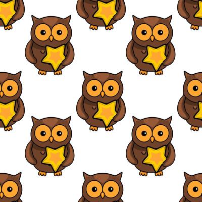 Seamless pattern featuring adorable brown owls holding golden stars, perfect for childrens textile designs or whimsical backgrounds.
