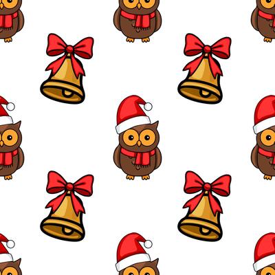 Seamless Christmas pattern featuring adorable owls in Santa hats and golden bells with red bows, creating a festive and charming winter design.