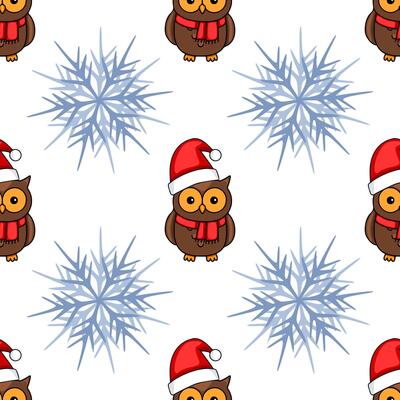 Seamless pattern featuring adorable cartoon owls wearing Santa hats and red scarves, interspersed with stylized snowflakes on a white background, perfect for festive winter designs.