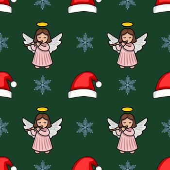 Seamless Christmas pattern featuring adorable angels playing flutes, interspersed with Santa hats and snowflakes on a dark green background, creating a charming festive design. vector