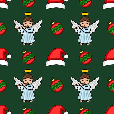 Seamless Christmas pattern with cute angels playing flutes, Santa hats, and red and green baubles on a dark green background.
