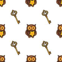 Seamless pattern featuring adorable brown owls holding golden stars and antique golden keys on a white background, creating a charming and whimsical design. vector