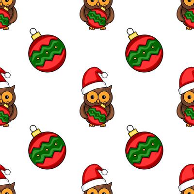 Seamless Christmas pattern with cute owls in Santa hats holding red and green baubles, perfect for festive designs and winter holidays.