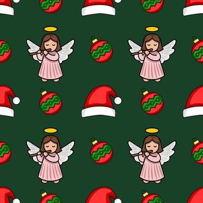 Seamless Christmas pattern featuring adorable angels playing flutes, festive baubles, and Santa hats on a dark green background, creating a charming and whimsical holiday design.