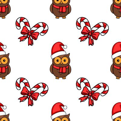 Seamless Christmas pattern featuring adorable owls in Santa hats and candy canes with red bows, creating a festive and joyful winter design.