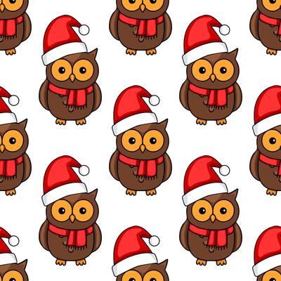 Seamless pattern of cute cartoon owls wearing Santa hats and red scarves, perfect for festive Christmas designs.