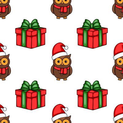 Seamless Christmas pattern with cute owls wearing Santa hats and red gift boxes, featuring a playful and festive design ideal for winter holidays.