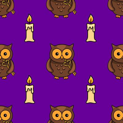 Seamless pattern featuring adorable brown owls holding golden keys and burning candles on a rich purple background, creating a whimsical Halloween or autumnal design.
