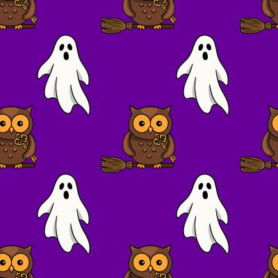 Seamless Halloween pattern featuring cute brown owls on broomsticks holding golden keys and friendly white ghosts on a vibrant purple background.