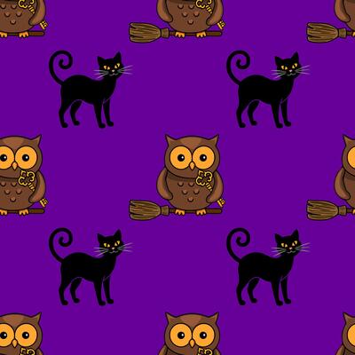 Seamless Halloween pattern featuring adorable brown owls on broomsticks holding keys and mischievous black cats, set against a vibrant purple background.