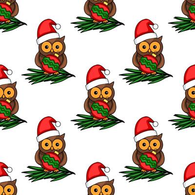 Seamless pattern of cute owls in Santa hats holding Christmas baubles, perched on fir branches, creating a festive winter design perfect for holiday cards and wrapping paper.