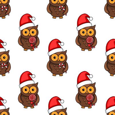 Seamless pattern of cute cartoon owls wearing Santa hats and holding lollipops, perfect for festive Christmas designs and winter holiday projects.