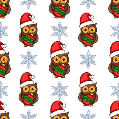 Seamless Christmas pattern featuring adorable owls in Santa hats, holding festive baubles, interspersed with delicate snowflakes on a white background.