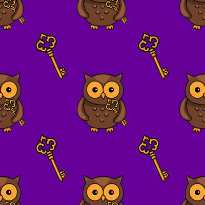 Seamless pattern featuring adorable brown owls holding golden keys against a vibrant purple background, creating a whimsical and enchanting design perfect for Halloween or autumnthemed proj...