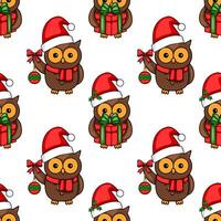 Seamless pattern featuring adorable cartoon owls in Santa hats, some holding Christmas gifts, others with ornaments, creating a festive winter design. vector
