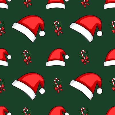 Seamless pattern with Santa hats, candy canes, and bows on a dark green background, ideal for festive Christmas designs.