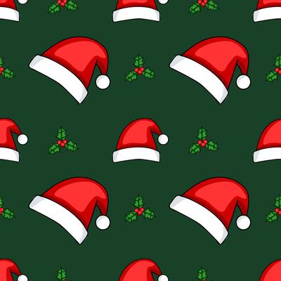Seamless pattern featuring red Santa hats and holly sprigs on a dark green background, a festive design perfect for Christmas wrapping paper, cards, and fabric.