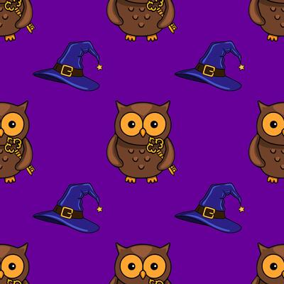 Seamless pattern featuring adorable brown owls holding golden keys, interspersed with blue witch hats on a vibrant purple background, perfect for Halloweenthemed designs.