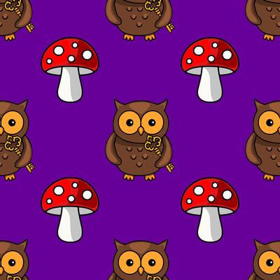 Seamless pattern featuring adorable cartoon owls holding golden keys and vibrant red toadstools against a rich purple background, creating a whimsical and enchanting autumnal design.